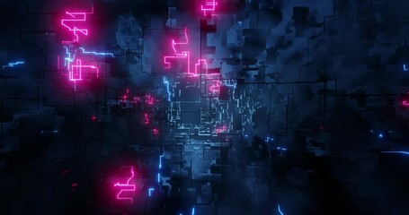 Aufkleber - Abstract hologram 3D Big Data Digital City with futuristic matrix. Digital buildings with a binary code particles network. Futuristic technology abstract with lines for network. 3D render 4k loop