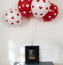 Red And White Hearts Balloons Attached To Original Painting In Wooden Frame