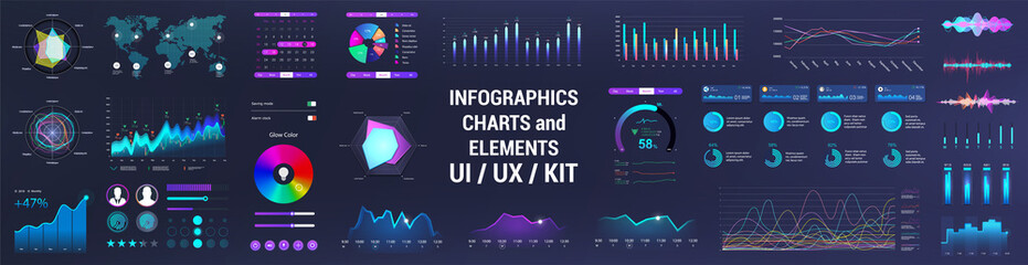 Wall Mural - Colorful UI, UX, GUI interface elements collection. Dashboard User Interface elements. Graphics collection - charts, infographic, diagrams, graphic for UI, UX or Web and Mobile Phone App. Vector set

