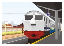 Passenger Train Arrive At The Railway Station Platform. Simple Flat Illustration