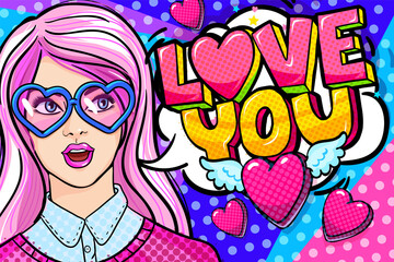 Wall Mural - Beautiful girl with pink hair wearing glasses in the shape of hearts. Happy Valentine's day lettering in pop art style.