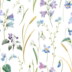 Beautiful vector seamless floral pattern with watercolor gentle spring blue field flowers. Stock illustration.