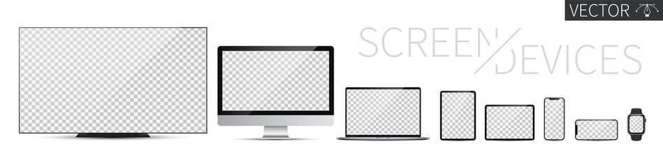 Screen device mockup. TV, PC, laptop, tablet, smartphone and smartwatch blank screens. Realistic media gadgets with transparent screen for presentation. Vector illustration