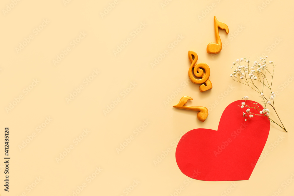 Music notes and red heart on color background