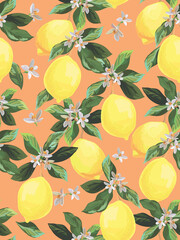 Lemon citrus vector pattern. Botanical vector illustration. Summer background. Floral design.