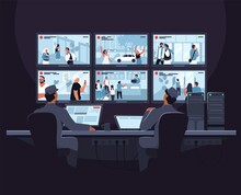 Security Room. Two Male Security Guard Cartoon Characters Monitoring Cctv Video Footage On Computer Screen, Flat Vector Illustration. Video Surveillance System.