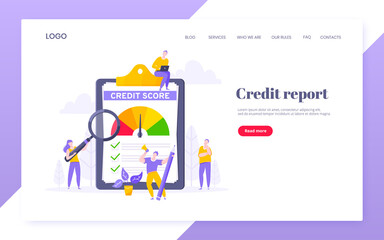 Credit score report with arrow gauge speedometer indicator with color levels on giant clipboard. Measurement from poor to excellent rating with people working together landing page.