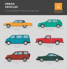 Wall Mural - Urban vehicles. Set of different types of vector cars: sedan, hatchback, minivan, pickup, suv, targa. Cartoon flat illustration. Auto for graphic and web design.