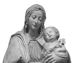 Wall Mural - Statue of the virgin Mary carrying the baby Jesus isolated on white background. Mother of god sculpture, classic christian art