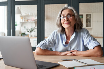Wall Mural - smiling stylish mature middle aged woman sits at desk with laptop, portrait. happy older senior busi