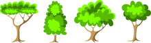 Set Of Green Trees With Foliage - Fruit Tree Painted In The Modern Doodle Style, Coloring Book For Children. Icon For Garden Magazine, Outline Drawing Symbol.