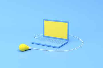 Aufkleber - 3d rendering of blank screen laptop and yellow light bulb. Minimal concept.