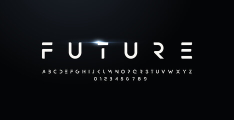 Wall Mural - Future style font, bold letters and numbers. Futuristic design type for modern logo. Minimalist vector typography for digital device and hud graphic element. Cropped style alphabet