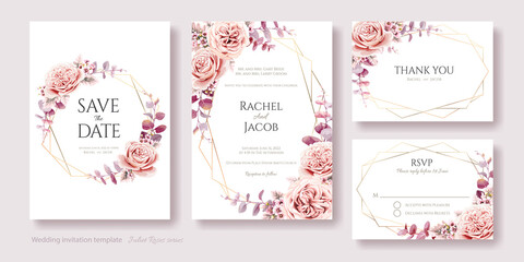 Wedding Invitation, save the date, thank you, rsvp card template. Juliet rose and wax flower with eucalyptus leaves.