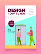 People standing on first floor and calling elevator. Hall, courier, dweller flat vector illustration. Building interior and facilities concept for banner, website design or landing web page