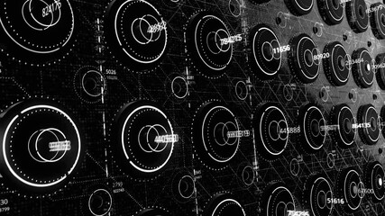 Poster - Abstract black and white technological background, seamless loop. Animation. Macro computer electronics pattern with moving elements, monochrome.
