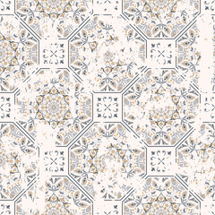 Wall Mural - Seamless vintage pattern with an effect of attrition. Patchwork tiles. Hand drawn seamless abstract pattern from tiles. Azulejos tiles patchwork. Portuguese and Spain decor.	