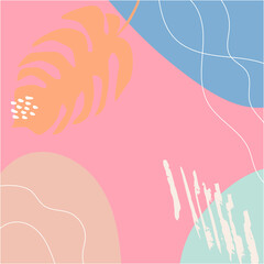 Poster - Abstract tropical background vector with palm leaf and shapes, lines and doodles in pastel colors
