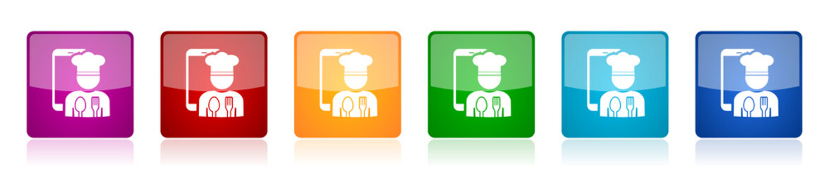Aufkleber - Mobile phone, online restaurant, chef icon set, square glossy vector buttons in 6 colors options for webdesign and mobile applications