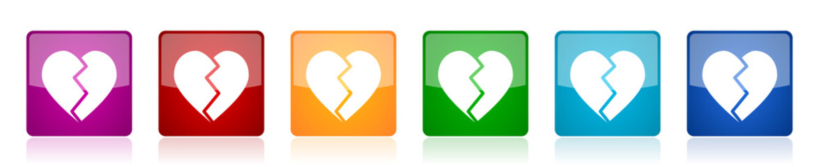 Leinwandbilder - Broken heart icon set, square glossy vector buttons in 6 colors options for webdesign and mobile applications