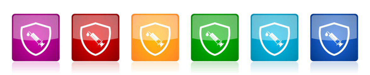 Poster - Vaccine shield concept icon set, square glossy vector buttons in 6 colors options for webdesign and mobile applications