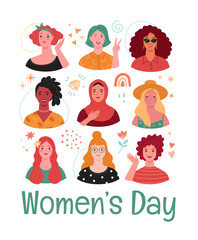 Wall Mural - Women's Day greeting card. Vector illustration of diverse multi ethnic cartoon women portraits in modern flat style. Isolated on white background with abstract elements