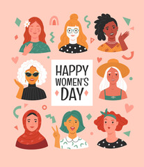 Wall Mural - Women's Day greeting card. Vector illustration of diverse multi ethnic cartoon women portraits in modern flat style. Isolated on light pink background with doodle elements 