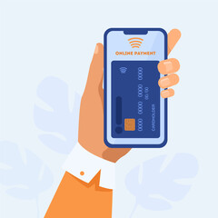Poster - Hand holding smartphone and paying online. Mobile phone, card, transaction flat vector illustration. Payment and digital technology concept for banner, website design or landing web page