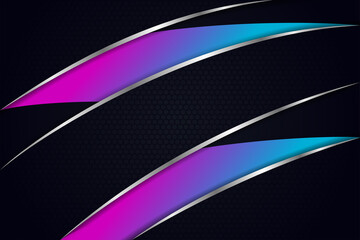 Poster - Template diagonal lines curve grey and dark overlapping layers on black metal background. hexagon pattern. combination gradient pink and blue. 