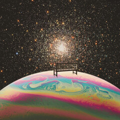planet like soap bubble with bench to sit. collage with cosmos and astronomy theme. negative space t