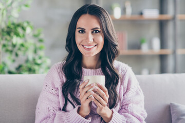 Poster - Photo of charming attractive happy lady sit couch hold hands cup of coffee indoors inside house apartment