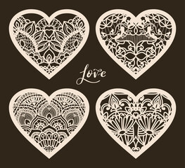 Wall Mural - Set of 4 Valentine card or Wedding Invitation with lace pattern. Layout congratulatory card with carved openwork pattern. Pattern suitable for laser cutting, plotter cutting or printing	
