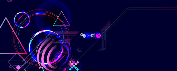 Wall Mural - Dark retro futuristic art neon abstraction background cosmos new art 3d starry sky glowing galaxy and planets blue circles