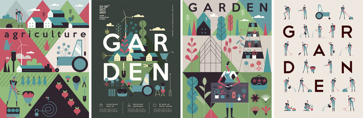 Garden, Agriculture. People are engaged in agriculture, gardening and farming.  Lettering, poster. People grow vegetables, work in the garden. Flat vector illustration.