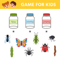 Poster - Game for kids. Distribute the insects to the jars. Flies, crawls, jumps. Preschool children worksheet activity and toddlers with cute insects.