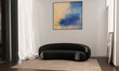 A poster over with a black sofa in a simple living room interior. 3d image