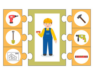 Wall Mural - Game for kids. Pazl. Construction concept set all of tools supplies for house repair and builder. Preschool worksheet activity for children. Vector illustration