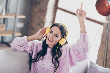 Poster - Photo of funky happy young woman dance sing weekend wear headset knitted pink sweater indoors inside house