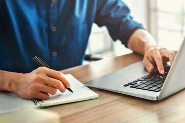 Poster - business  accountant use pen and computer on desk in office. finance and accounting concept