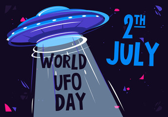 Wall Mural - vector illustration of a flying saucer with a projection light on the background of outer space, web