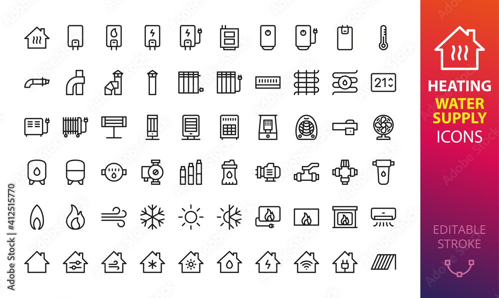 Home heating, cooling and water supply system isolated icon set. Set of heating boiler, electric water heater, solid fuel boiler, air conditioning, oil radiator, coaxial chimney pipes vector icons - obrazy, fototapety, plakaty 