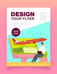 Aufkleber - Tiny man buying ticket online via laptop. Monitor, plane, baggage flat vector illustration. Travelling and digital technology concept for banner, website design or landing web page