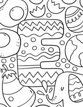 Coloring Page Alphabet For Kids With Cute Characters In Doodle Style. ABC Coloring Page - Letter