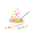 Bowl of colored cereal with spoon. Healthy breakfast. Vector illustration cartoon flat icon isolated on white background.