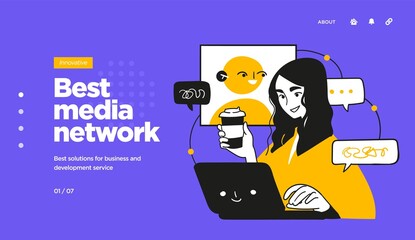 Fototapete - Landing page template of Social media marketing. Modern flat design concept of web page design for website and mobile website. Easy to edit and customize. Vector