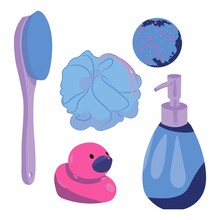 Vector Illustration Of A Set Of Bathroom Tools. The Set Includes A Cleaning Bow, Brush, Duck, Gel And Bath Bomb. All Items Are Blue-pink On A White Background. Bathroom Stickers. 