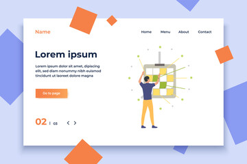 Poster - Man sticking notes on board. Kanban board, task list, scrum. Business concept. Vector illustration can be used for topics like work on project, to do list, management, planning