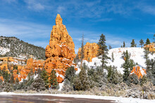 Red Rock Canyon Near Bryce Canyon At Winter Time With Snow, Utah, USA