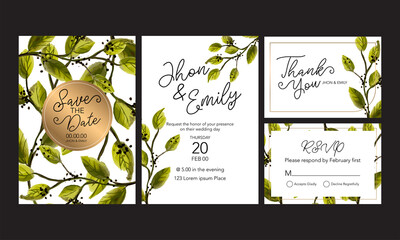 Wall Mural - Elegant watercolor wedding invitation card with greenery leaves	