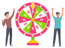 Game Fortune Wheel Concept. People Playing Risk Game With Fortune Wheel And Lottery. Illustration Of Casino Fortune, Wheel Winner Game, Flat Style. Two Mans Won Money, Joyfully Raised Their Hands Up